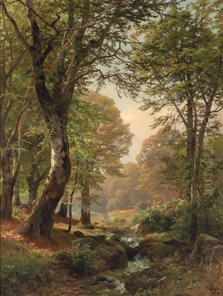 Roe Deer By A Woodland Stream Oil Painting by Heinrich Boehmer