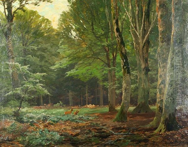 Rehe Auf Der Waldlichtung Oil Painting by Heinrich Boehmer