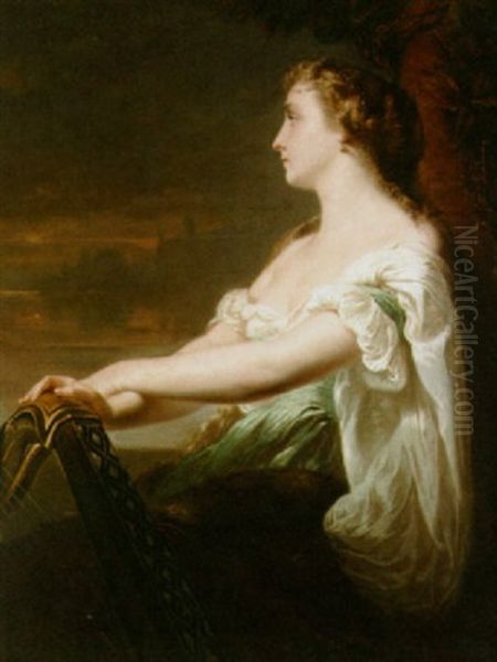 A Lady With A Harp Oil Painting by German von Bohn