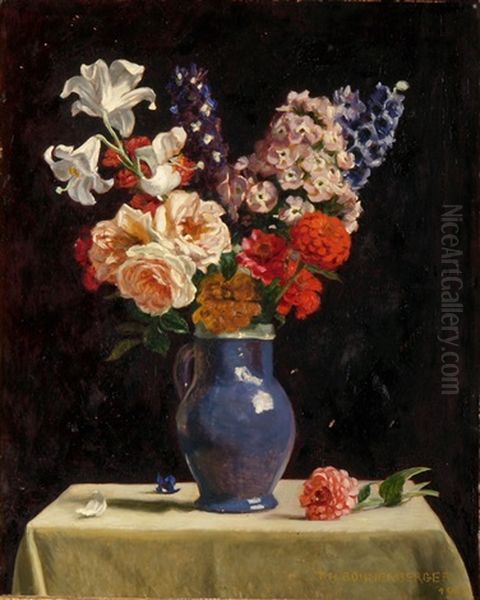 Bunter Blumenstrauss In Blauem Steingutkrug Oil Painting by Theodor Bohnenberger