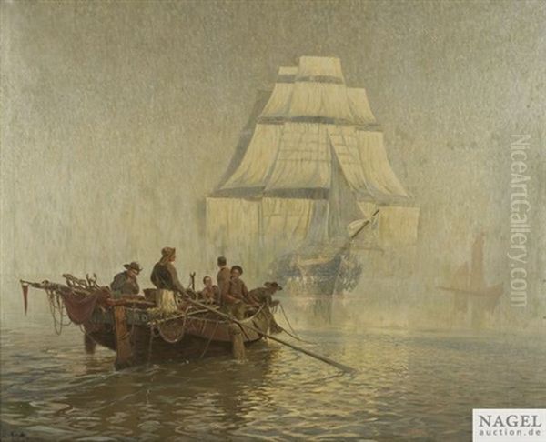 Dreimaster Mit Beiboot Wahrend Einer Flaute Oil Painting by Hans Bohrdt
