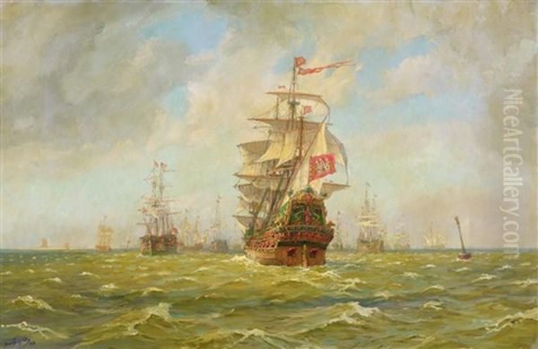 Marine. Zahlreiche Vor Anker Liegende Segler Oil Painting by Hans Bohrdt