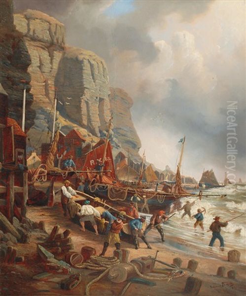 English Fisher-boats On The Shore Of Heligoland Oil Painting by Hans Bohrdt