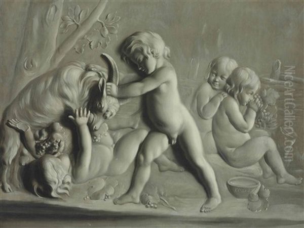 Putti With A Goat, Trompe-l'oeil Oil Painting by Jules Boilly