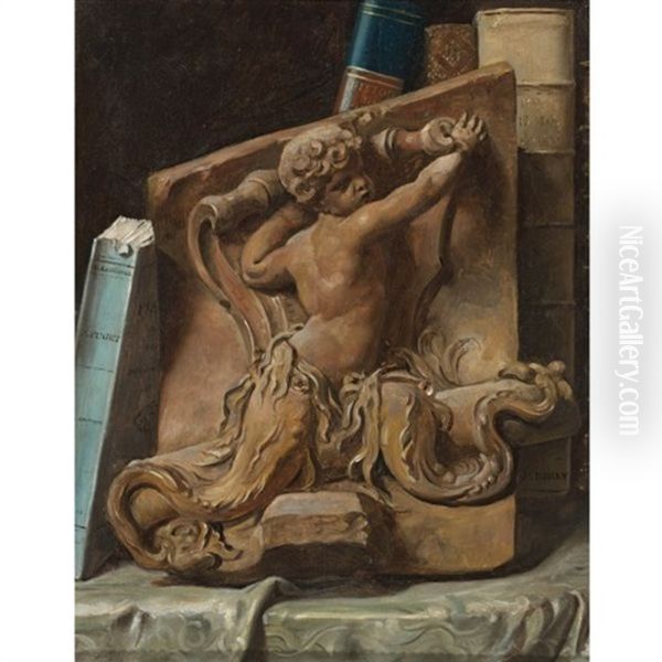 Trompe L'oeil Of A Bookshelf With A Terracotta Relief Oil Painting by Jules Boilly