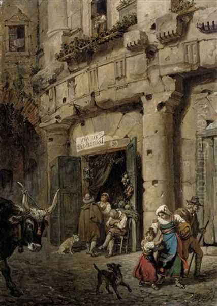 Selling Vegetables On The Via De Sugherari, Rome Oil Painting by Jules Boilly