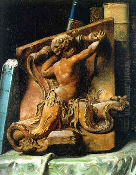 A Trompe L'oeil Of A Bookshelf With A Terracotta Relief Oil Painting by Jules Boilly