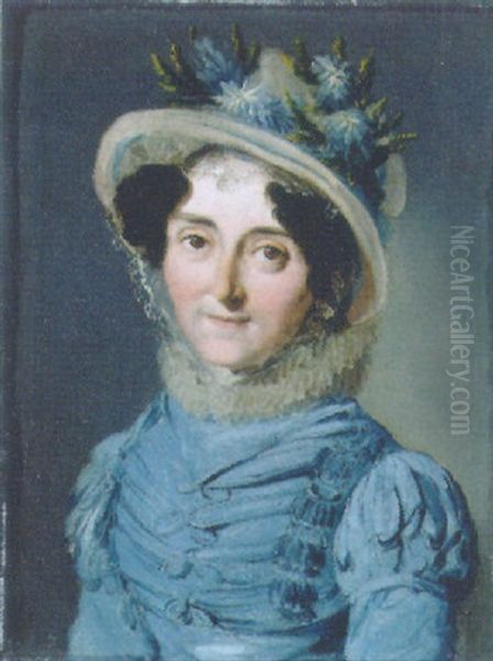 Portrait Of A Lady In A Blue Dress And A Hat Decorated With Flowers Oil Painting by Louis Leopold Boilly