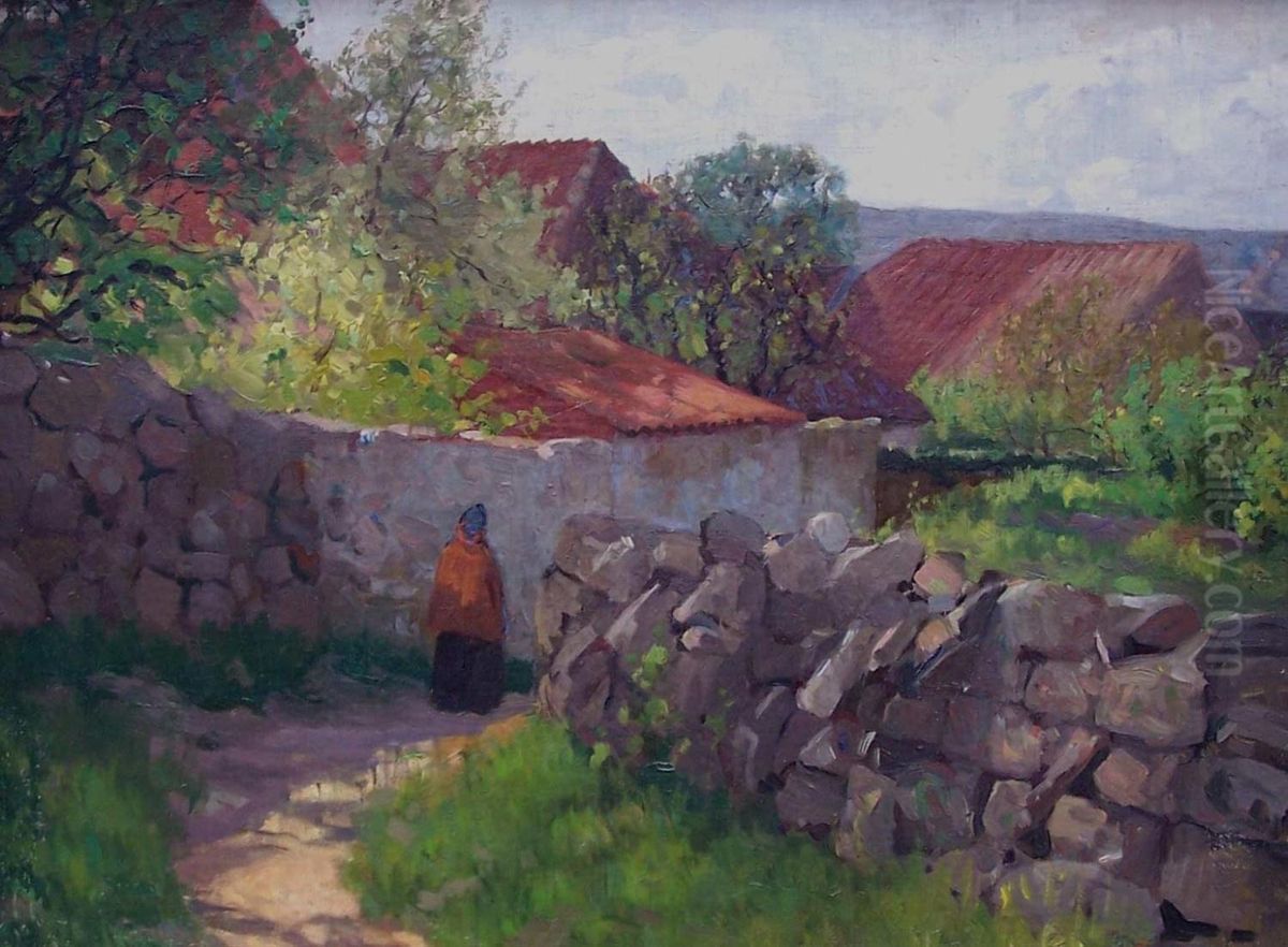 Sonnenbeschienener Weg Mit Natursteinmauer Und Einer Person Oil Painting by Karl Albrecht