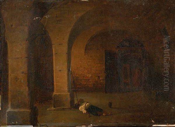 Vue D'une Salle Voutee Avec Un Personnage Allonge Oil Painting by Antoine-Felix Boisselier