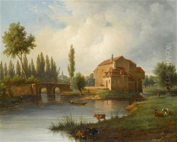 Haus Am Fluss Mit Kuhen Oil Painting by Antoine-Felix Boisselier