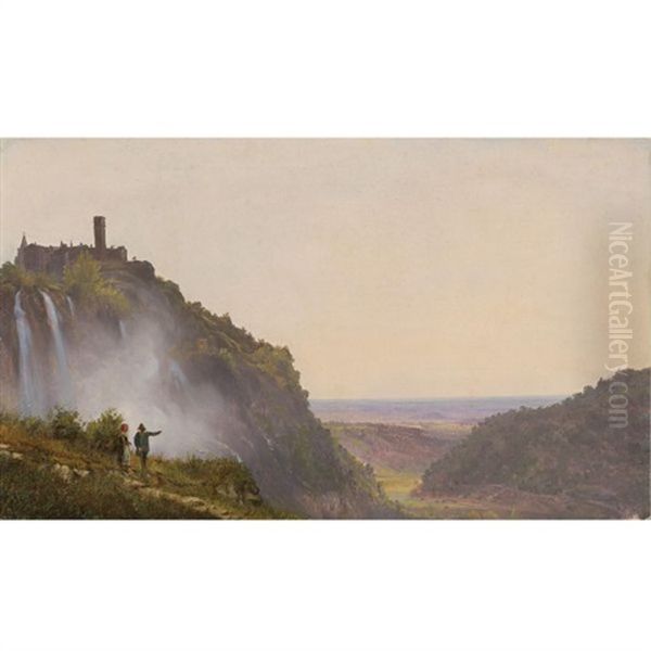 Extensive Italian Landscape By Waterfalls With Two Figures Pointing At The Valley Oil Painting by Antoine-Felix Boisselier