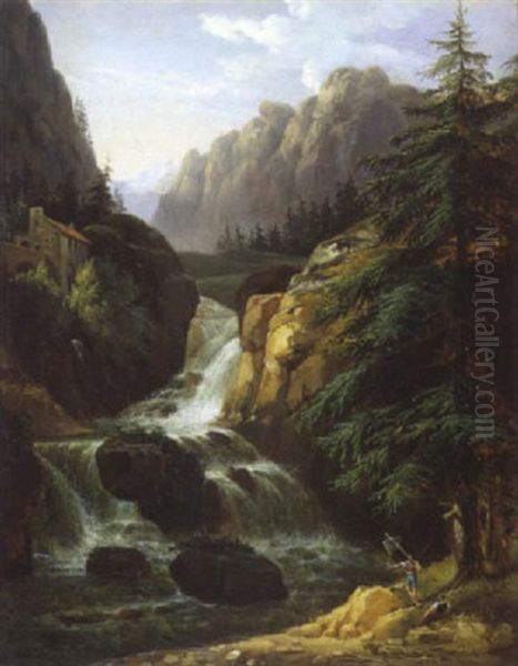 Pecheurs Pres D'une Cascade Dans Les Environs De Cauterets, Le Massif De Vignemale Oil Painting by Antoine-Felix Boisselier