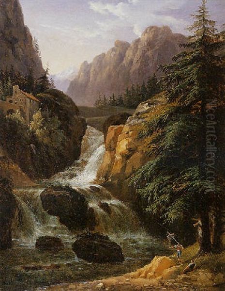 Paysage De Cascade Anime De Pecheurs Oil Painting by Antoine-Felix Boisselier