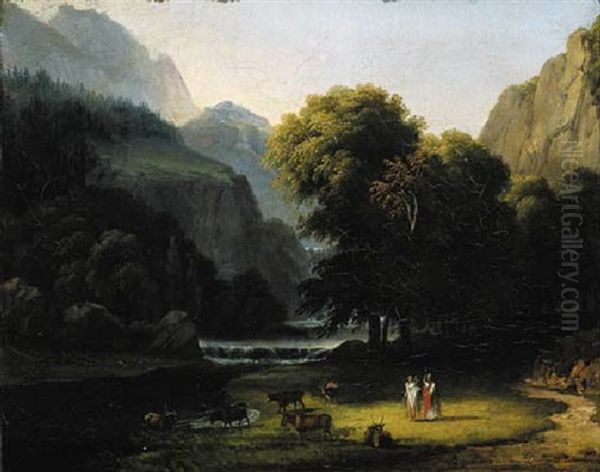 A Wooded River Landscape With Apollo And Mercury (?) Oil Painting by Antoine-Felix Boisselier
