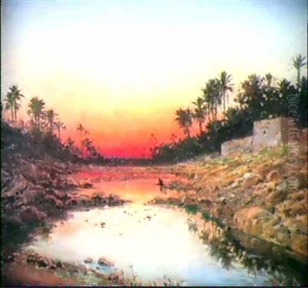 Coucher De Soleil Sur L'oued Oil Painting by Emile Boivin