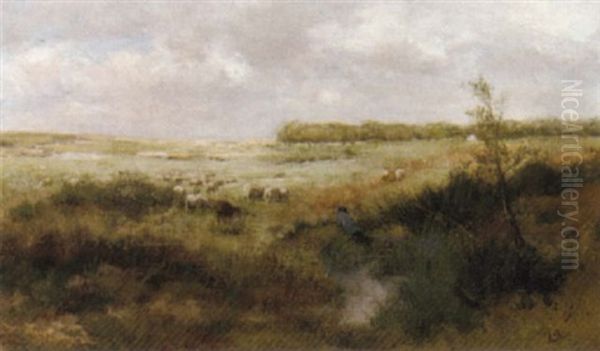 A Shepherd And His Flock In A Dune Landscape Oil Painting by Marinus Boks