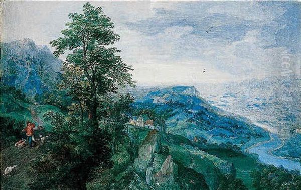 A Panoramic Landscape Of A River Valley, With A Sportsman On A Road To The Left, And A Village In The Centre Oil Painting by Hans Bol