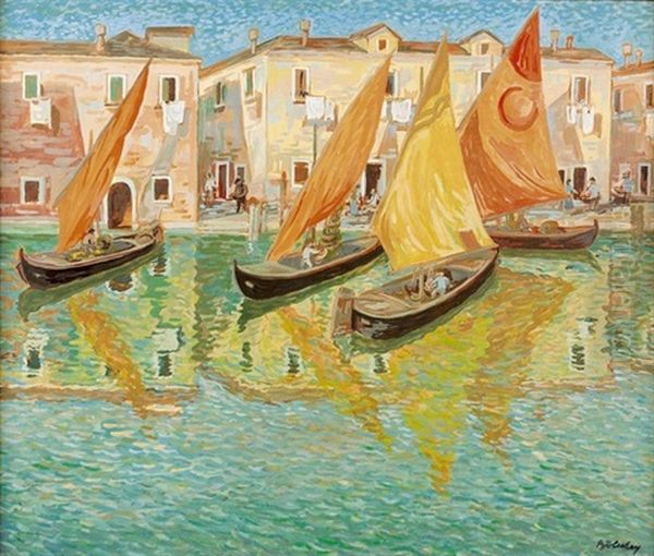 Segelboote In Venedig Oil Painting by Imre Denes De Bolcskey