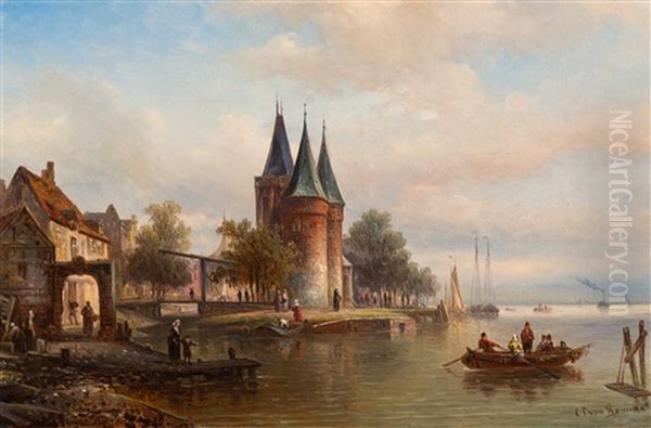 Figures By The Koornmarktspoort On The Ijssel In Kampen Oil Painting by Elias Pieter van Bommel