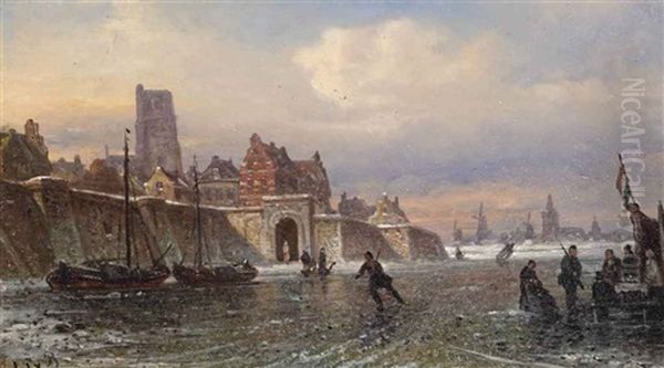 Das Wasserthor Zu Waudriechem; Skaters By The Waterpoort, Woudrichem Oil Painting by Elias Pieter van Bommel