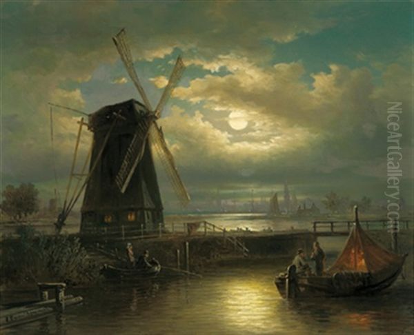 Fischer Im Hafen Bei Mondbeleuchtung Oil Painting by Elias Pieter van Bommel