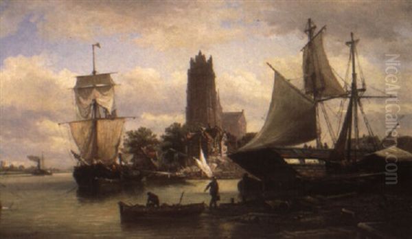 A View Of Dordrecht Harbor Oil Painting by Elias Pieter van Bommel