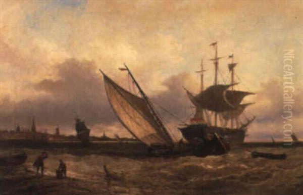 Dutch Vessels In A Breeze With The City Of Veere In The Distance Oil Painting by Elias Pieter van Bommel