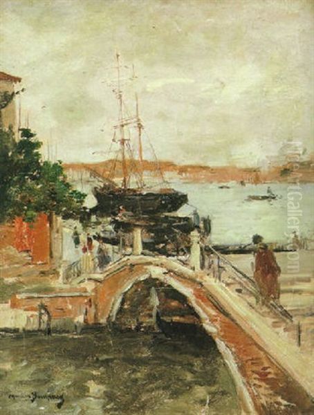 View Of A Port And Figures On A Foot-bridge Oil Painting by Maurice Bompard