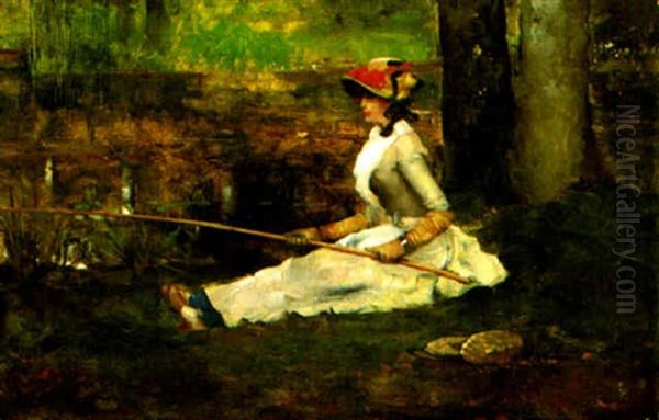 An Afternoon Of Fishing By A Riverbank Oil Painting by Maurice Bompard