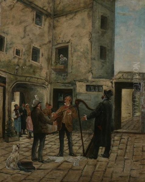 Musical Trio In Courtyard Oil Painting by Augusto Bompiani