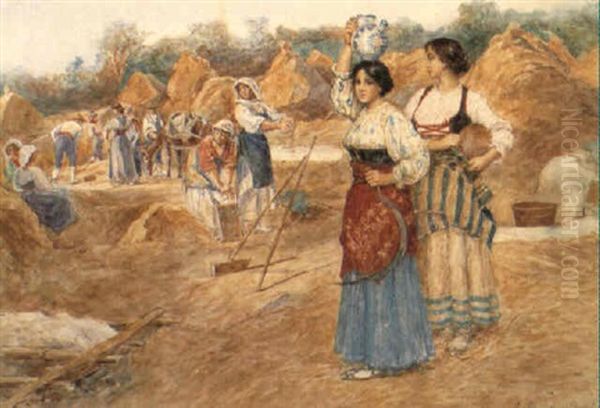 Italiensk H+stlandskab, I Forgrunden To Kvinder Med Vandkrukker Oil Painting by Clelia Bompiani-Battaglia