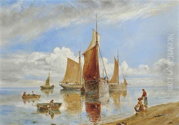 Fishing Boats Drying Their Sails At The End Of The Day Oil Painting by William Joseph J. C. Bond