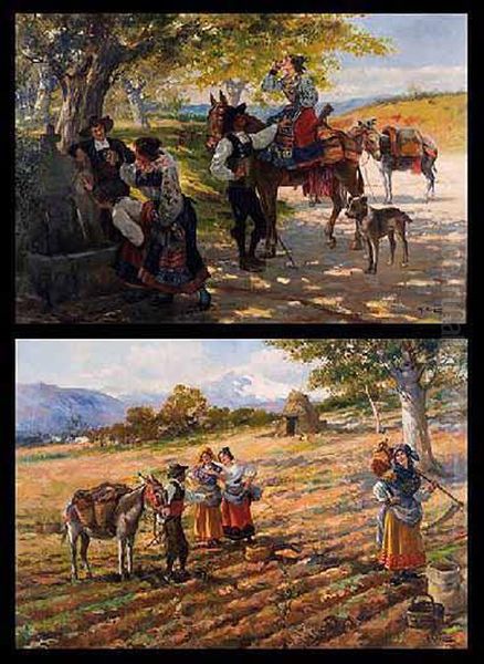 Pareja De Escenas Campestres Oil Painting by Manuel Alcazar Y Ruiz