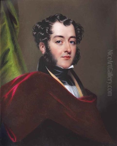 Charles William Bury, 2nd Earl Of Charleville (1801-1851) Seated In Red Cloak Before A Curtain Oil Painting by Henry-Pierce Bone