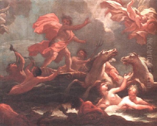 Neptune Riding On A Conch Shell Drawn Through Waves By Tritons Oil Painting by Matteo Bonechi