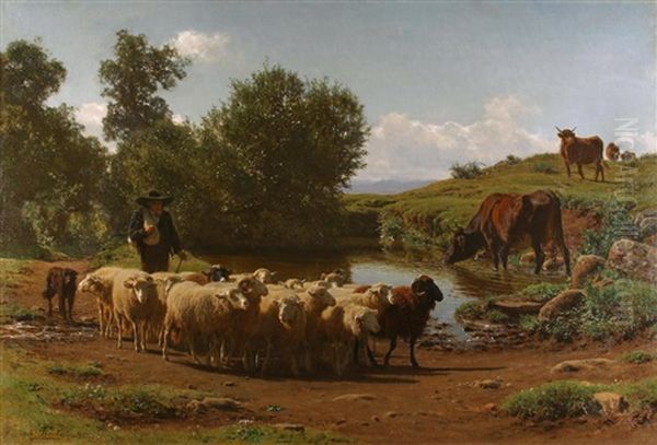 The Shepherd And His Flock Oil Painting by Auguste Bonheur