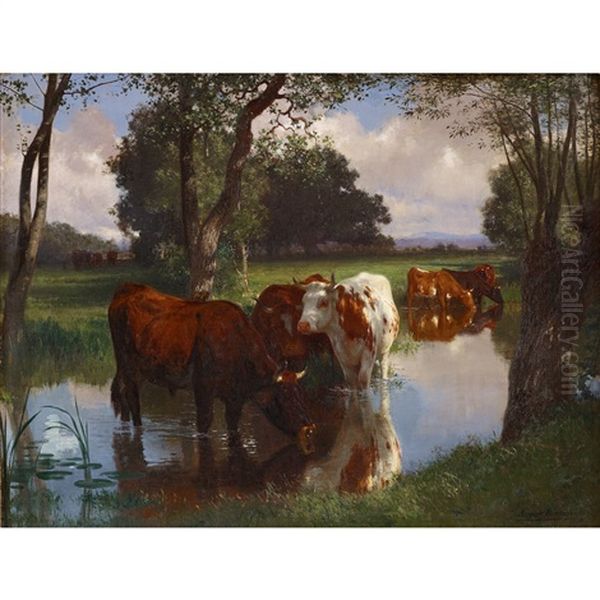 Cattle Watering In A Stream Oil Painting by Auguste Bonheur