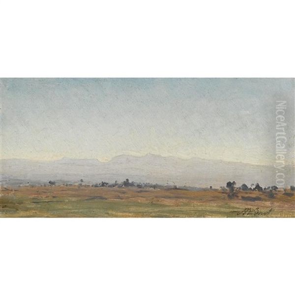 Landscape With View Of Low Lying Mountains Oil Painting by Auguste Bonheur