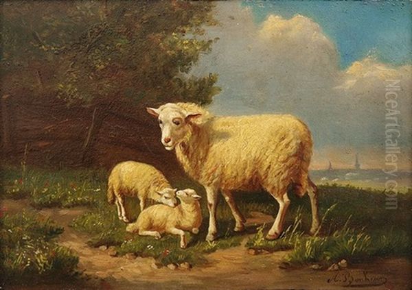 In Sommerlicher Landschaft Schaf Mit Zwei Lammern Oil Painting by Auguste Bonheur
