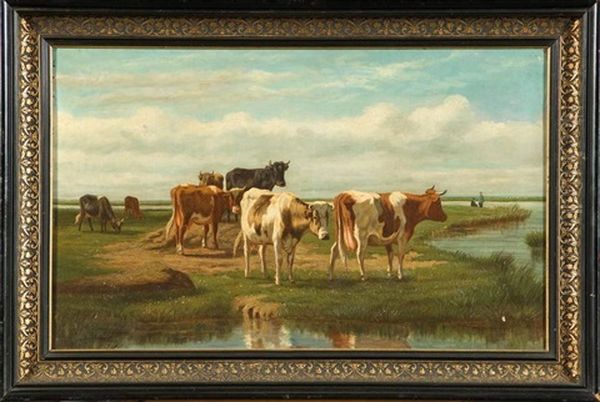 Vaches Au Bord De L'eau En Hollande Oil Painting by Auguste Bonheur