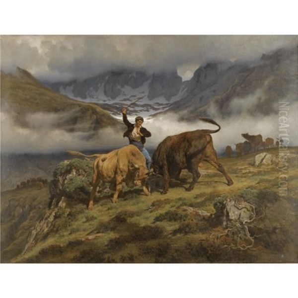 Le Combat, Souvenir Des Pyrenees Oil Painting by Auguste Bonheur