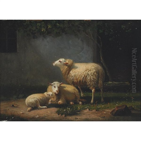 Sheep In A Farmyard (+ Sheep In A Pasture; 2 Works) Oil Painting by Auguste Bonheur