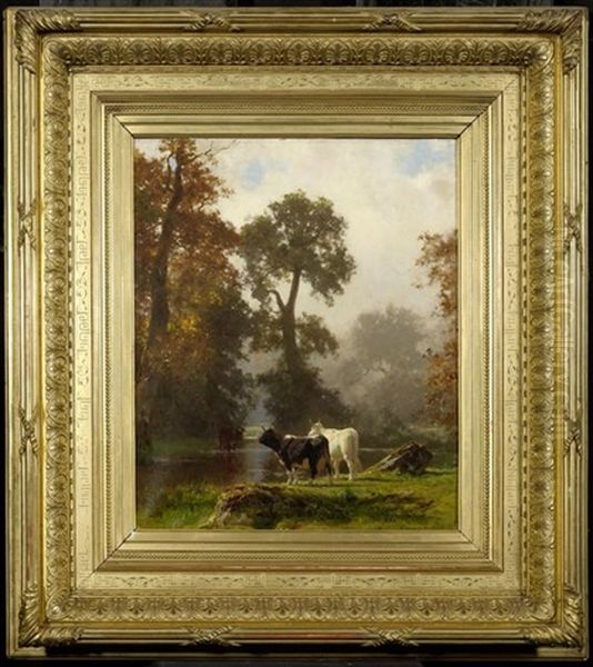 Waldlandschaft Mit Kuhen Am Ufer Oil Painting by Auguste Bonheur