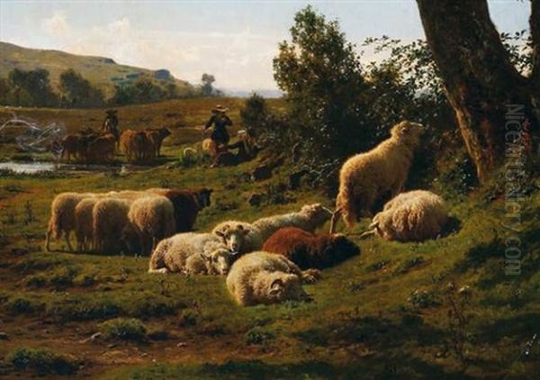 Jeunes Femmes Et Troupeaux Au Bord De L'etang Oil Painting by Auguste Bonheur