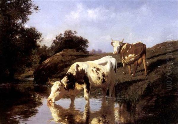 Vaches S'abreuvant A La Riviere Oil Painting by Auguste Bonheur
