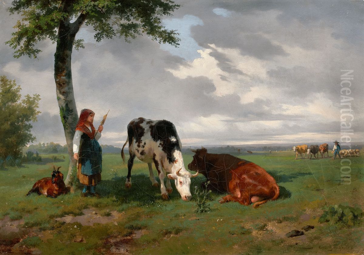 A Shepherdess With A Goat And Two Cows In A Meadow Oil Painting by Rosa Bonheur