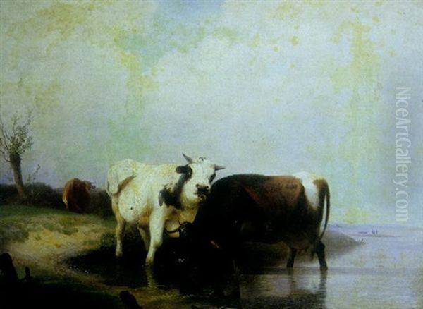 A River Landscape With Two Cows Watering And Another Beyond Oil Painting by Rosa Bonheur