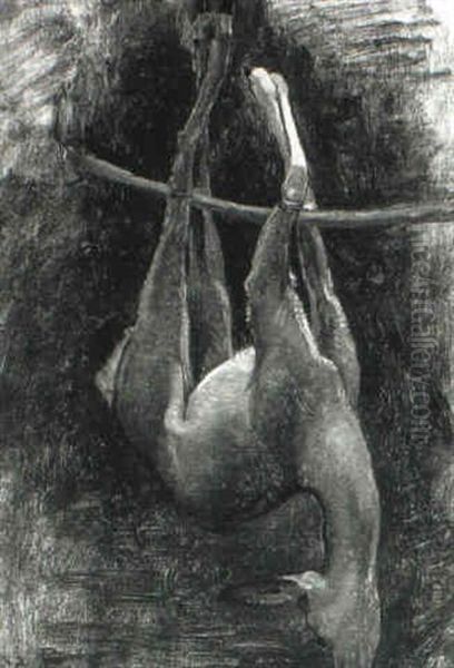 A Roe Deer Hanging From A Pole Oil Painting by Rosa Bonheur