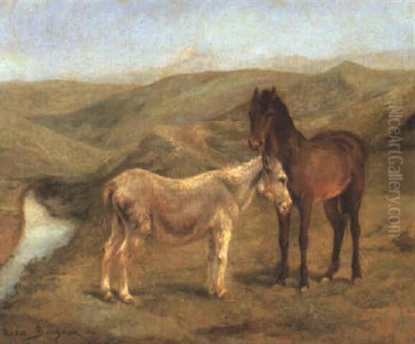 Horse And Donkey In A Hilly Landscape Oil Painting by Rosa Bonheur